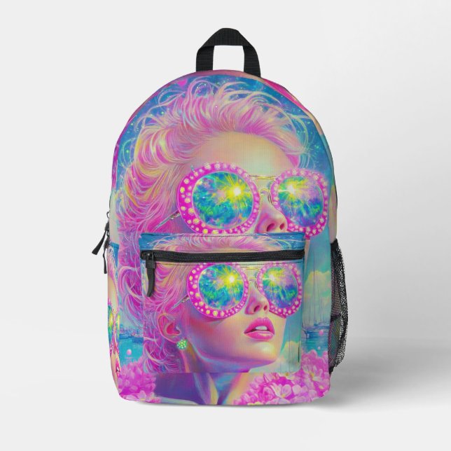 Glamouröse Neonfrau mit funkelnder Brille Bedruckter Rucksack (Vorderseite)
