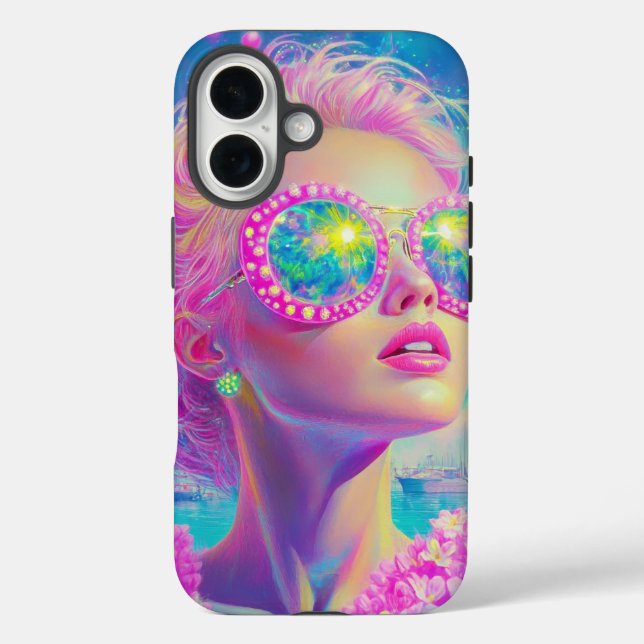 Glamouröse Neonfrau mit funkelnder Brille Case-Mate iPhone Hülle (Rückseite)