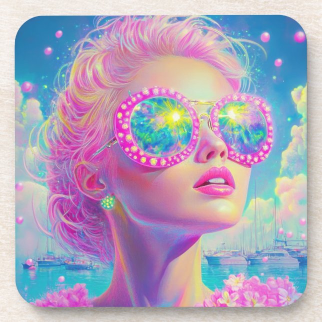 Glamouröse Neonfrau mit funkelnder Brille Getränkeuntersetzer (Vorderseite)