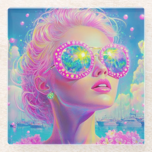 Glamouröse Neonfrau mit funkelnder Brille Glasuntersetzer (Vorderseite)