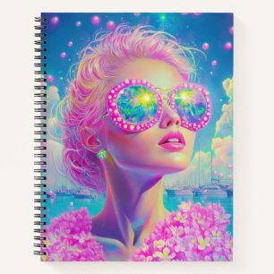 Glamouröse Neonfrau mit funkelnder Brille Notizbuch