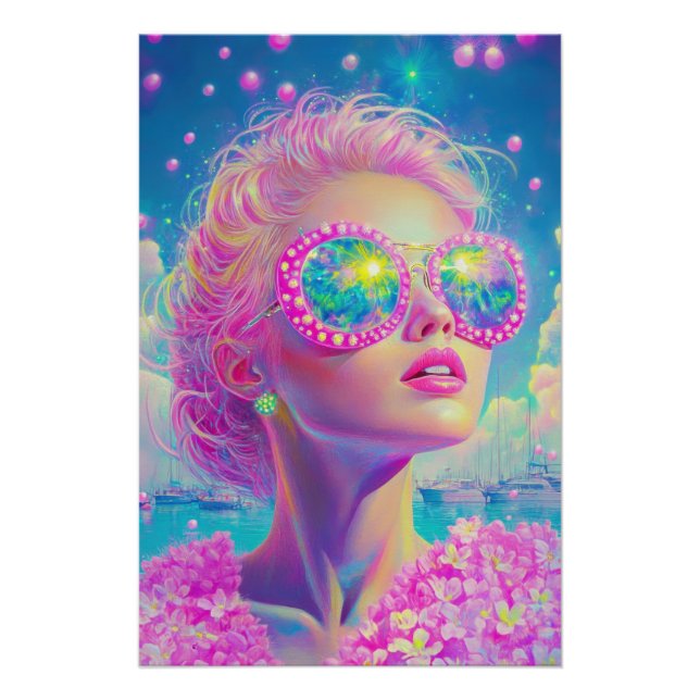 Glamouröse Neonfrau mit funkelnder Brille Poster (Vorderseite)
