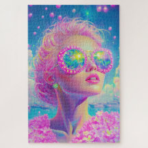 Glamouröse Neonfrau mit funkelnder Brille