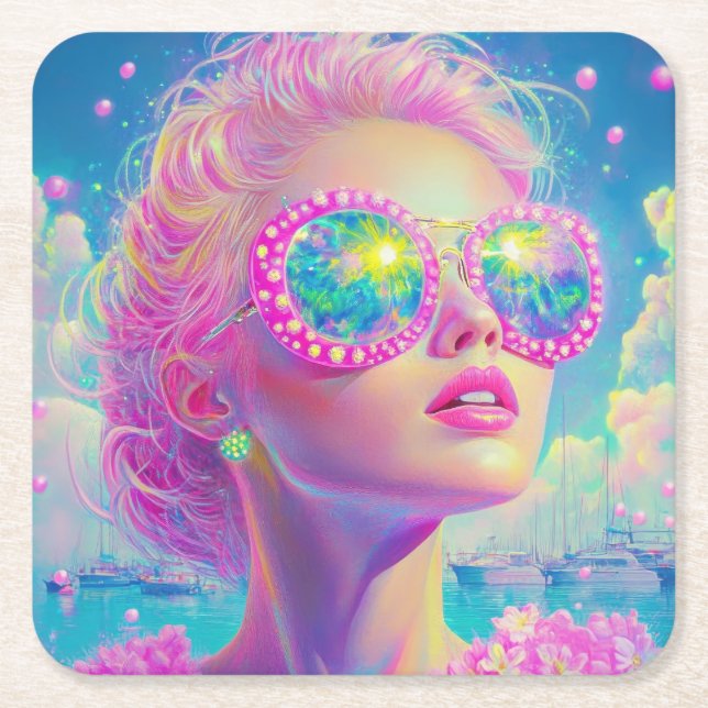 Glamouröse Neonfrau mit funkelnder Brille Rechteckiger Pappuntersetzer (Vorderseite)