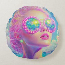 Glamouröse Neonfrau mit funkelnder Brille Rundes Kissen