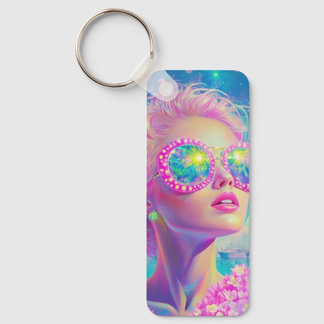 Glamouröse Neonfrau mit funkelnder Brille Schlüsselanhänger (Vorderseite)