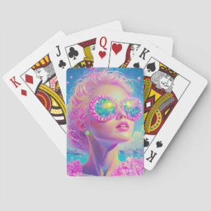 Glamouröse Neonfrau mit funkelnder Brille Spielkarten