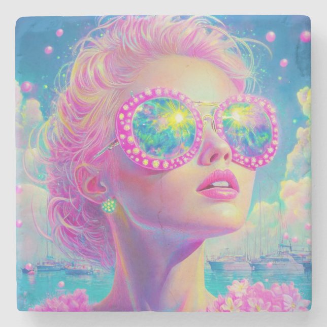 Glamouröse Neonfrau mit funkelnder Brille Steinuntersetzer (Vorderseite)