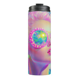 Glamouröse Neonfrau mit funkelnder Brille Thermosbecher