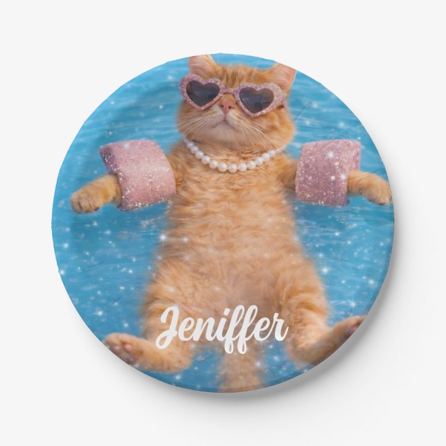 Glamouröse Poolkatze schwebt stilvoll           Pappteller (Vorderseite)