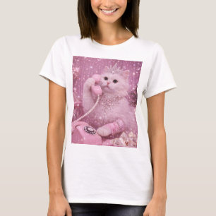 Glamouröse Prinzessinnenkatze benutzt rosa Telefon T-Shirt