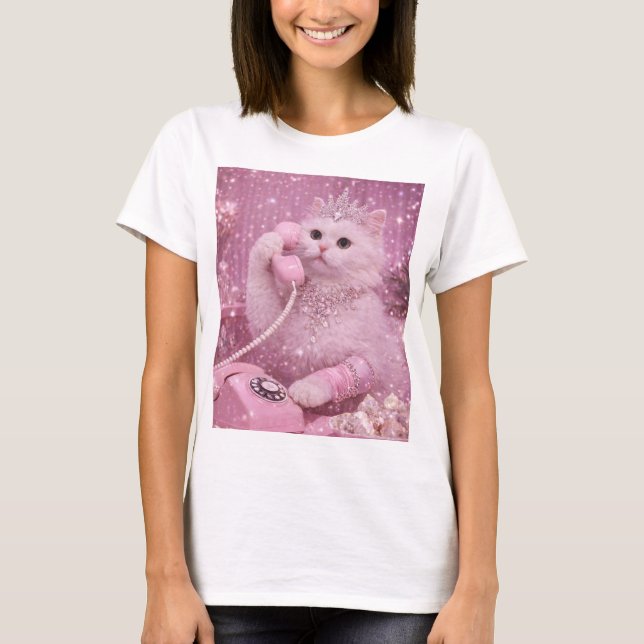 Glamouröse Prinzessinnenkatze benutzt rosa Telefon T-Shirt (Vorderseite)
