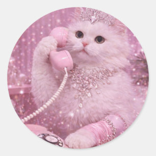 Glamouröse Prinzessinnenkatze mit rosa Telefon Runder Aufkleber