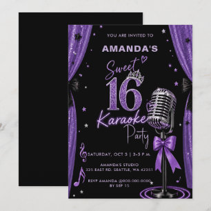 Glamouröse Purple Sweet 16 Geburtstags-Karaoke-Par Einladung