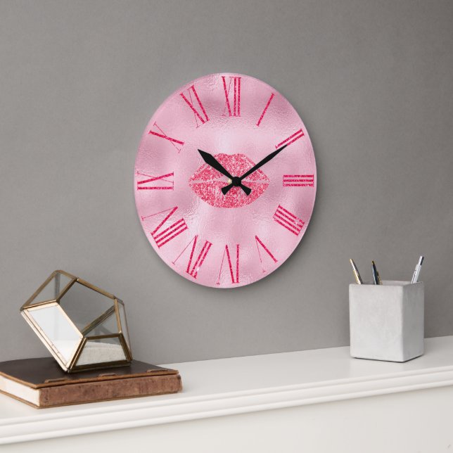 Glamouröse Rosa Glitzer Lippen Große Wanduhr (Büro)
