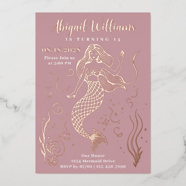 Glamouröse rosa Meerjungfrau unter dem Meer Geburt Folieneinladung (Vorderseite)