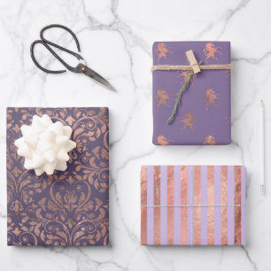 Glamouröse Rose Goldfolie und Lavendelmuster Geschenkpapier Set
