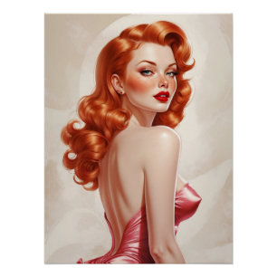 Glamouröse Rotschopf-Pin-Up im rosa Kleid Poster