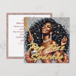 Glamouröse schwarze Frau Popping Champagner Neujah Karte