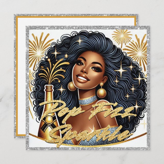 Glamouröse schwarze Frau Popping Champagner Neujah Karte (Vorne/Hinten)