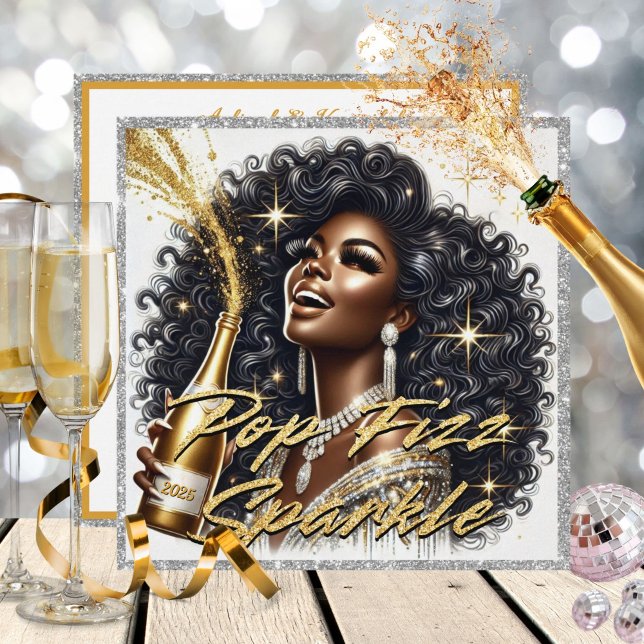 Glamouröse schwarze Frau Popping Champagner Neujah Karte (Illustration of a glamorous Black woman wearing a silver & gold outfit, popping champagne bottle)