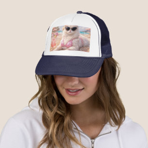 Glamouröse Strandkatze mit Sonnenbrille Truckerkappe