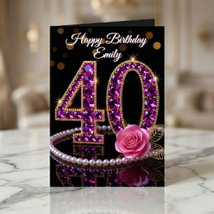 Glamouröse violette Diamanten Perlen Rose 40. Gebu Karte