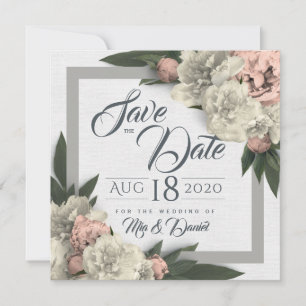 Glamouröse weiße und pfirsichfarbene Blumenpfingst Save The Date