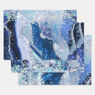 Glamouröser Blau- und Silber-Faux-Glitter-Achat Geschenkpapier Set