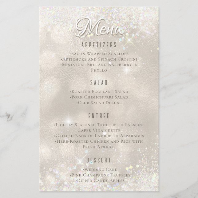 Glamouröser Champagner-Glitzer Luxus-Hochzeitsmenü Flyer (Vorne)