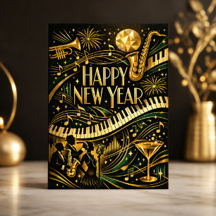 Glamouröser Gold-Jazz-Art-Deco-Neujahr Feiertagskarte
