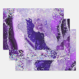 Glamouröser Lila & Silber Faux Glitter Achat Geschenkpapier Set