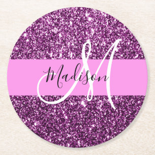 Glamouröser Pink- und Lila-Glitter-Monogramm-Name Runder Pappuntersetzer