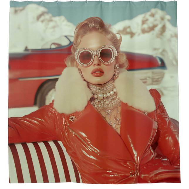Glamouröser Retro Winterstil im alpinen Ambiente Duschvorhang (Vorderseite)