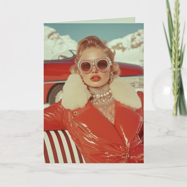 Glamouröser Retro Winterstil im alpinen Ambiente Einladung (Vorderseite)