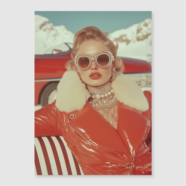 Glamouröser Retro Winterstil im alpinen Ambiente Magneteinladung (Vorderseite)