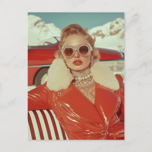 Glamouröser Retro Winterstil im alpinen Ambiente Postkarte