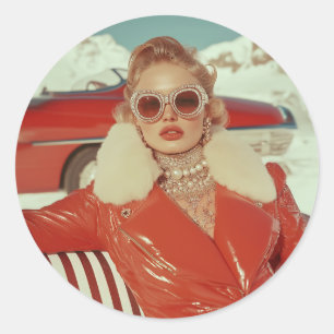 Glamouröser Retro-Winterstil in alpiner Kulisse Runder Aufkleber