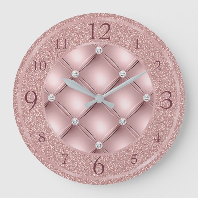 Glamouröser rosa Glitzer und Diamanten Große Wanduhr (Vorderseite)