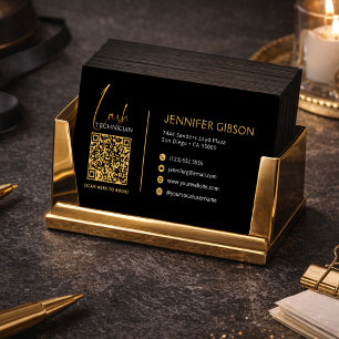 Glamouröser Schwarz & Gold Wimpernstylist QR-Code Visitenkarte