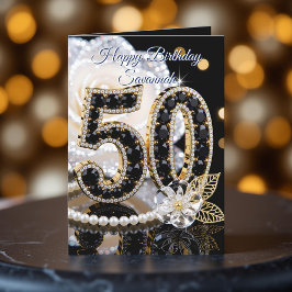 Glamouröser schwarzer Edelstein Weiße Rose 50. Geb Karte