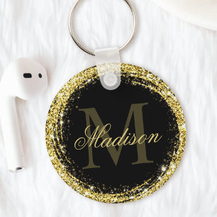 Glamouröser schwarzer Gold-Glitter-Monogramm-Name Schlüsselanhänger
