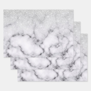 Glamouröser Silberweißer Glitzer Marmor Gradient Geschenkpapier Set