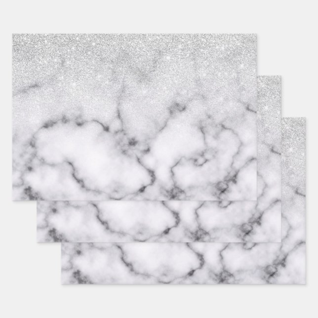 Glamouröser Silberweißer Glitzer Marmor Gradient Geschenkpapier Set (Set)