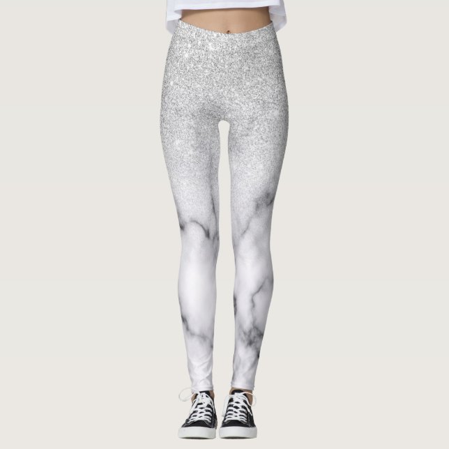 Glamouröser Silberweißer Glitzer Marmor Gradient Leggings (Vorderseite)
