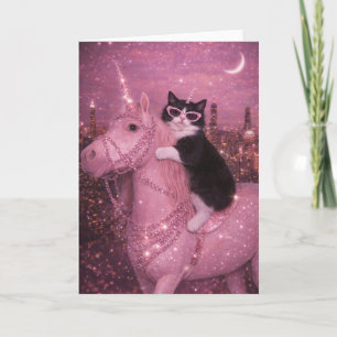 Glamouröses Einhorn Katze unter funkelnder Stadt Karte