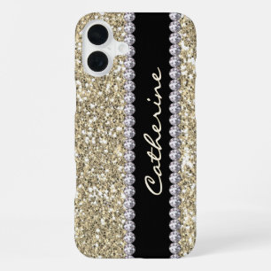 Glamouröses Gold-Glitter und Edelsteine, Personali iPhone 16 Plus Hülle