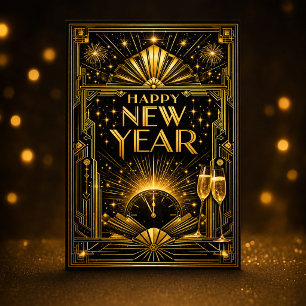 Glamouröses Gold Schwarzes Art Deco Neujahr Feiertagskarte