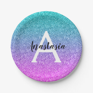 Glamouröses Lila-Aqua-Glitter-Funkel-Verlaufs-Mono Pappteller