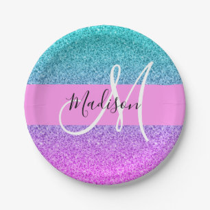 Glamouröses Lila-Aqua-Glitter-Sparkling-Gradient-M Pappteller